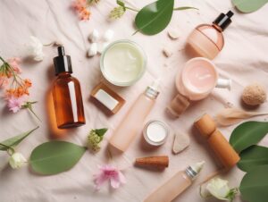 Flat lay of cleanser, serum, moisturizer, and sunscreen for a daily skincare routine.